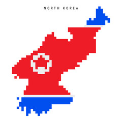 North Korea pixel flag map icon. 8 bit pixel art Juche map covered with flag. Flat vector illustration isolated on white background.