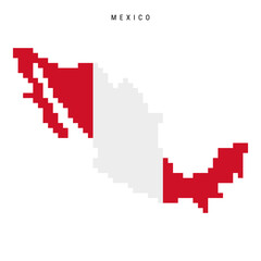 Fototapeta premium Mexico pixel flag map icon. 8 bit pixel art Mexican map covered with flag. Flat vector illustration isolated on white background.