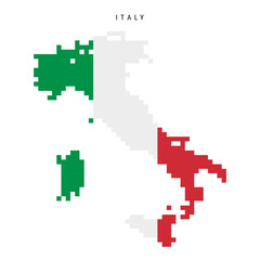 Fototapeta premium Italy pixel flag map icon. 8 bit pixel art Italian map covered with flag. Flat vector illustration isolated on white background.