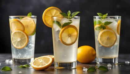 Fototapeta premium Lemonade with lemon and mint in a glass on a dark background