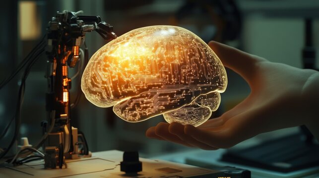 Robotic arm and gloved hand interacting with a transparent, glowing brain model.