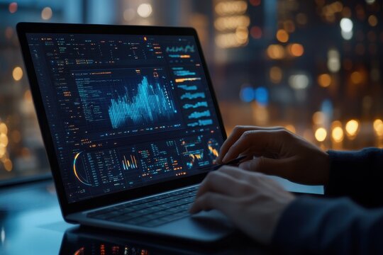 Detail of a person analyzing data on a laptop with a city skyline at night in the background