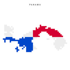 Fototapeta premium Panama pixel flag map icon. 8 bit pixel art Panamanian map covered with flag. Flat vector illustration isolated on white background.