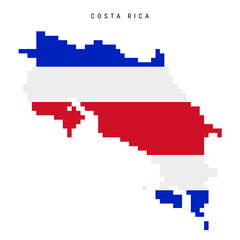 Obraz premium Costa Rica pixel flag map icon. 8 bit pixel art Costa Rican map covered with flag. Flat vector illustration isolated on white background.