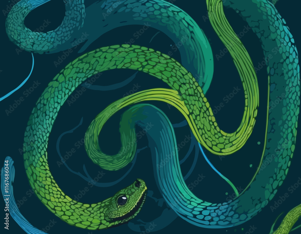 Poster geometric background with dynamic blue and green line shapes. vector pattern with squiggle gradient 