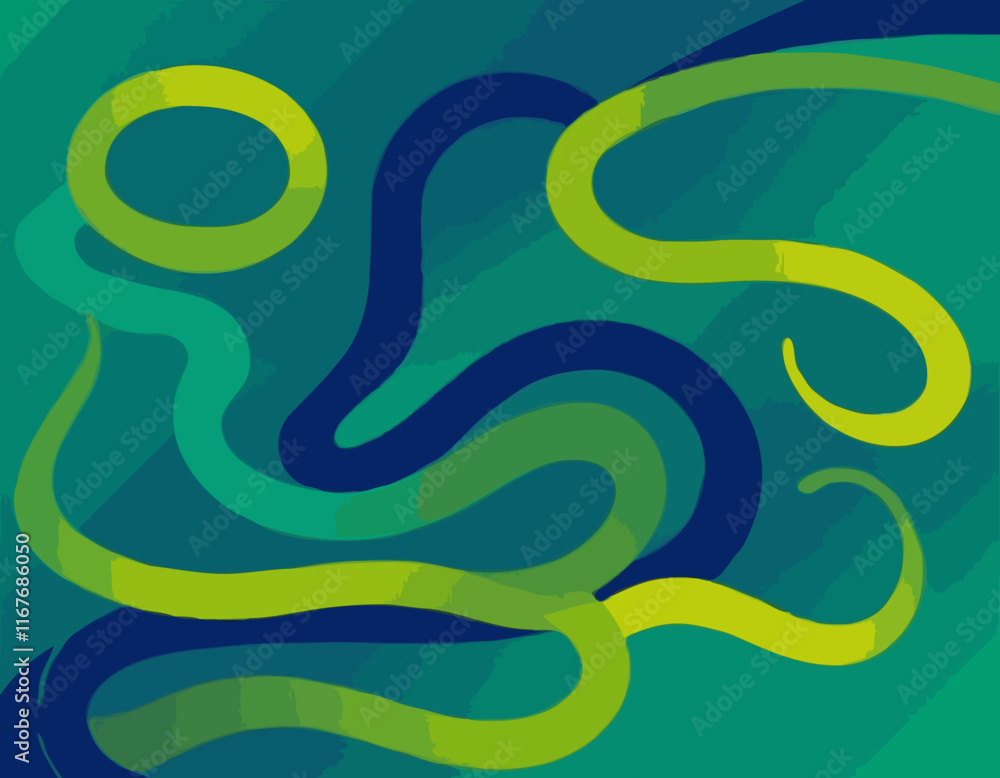 Poster geometric background with dynamic blue and green line shapes. vector pattern with squiggle gradient 
