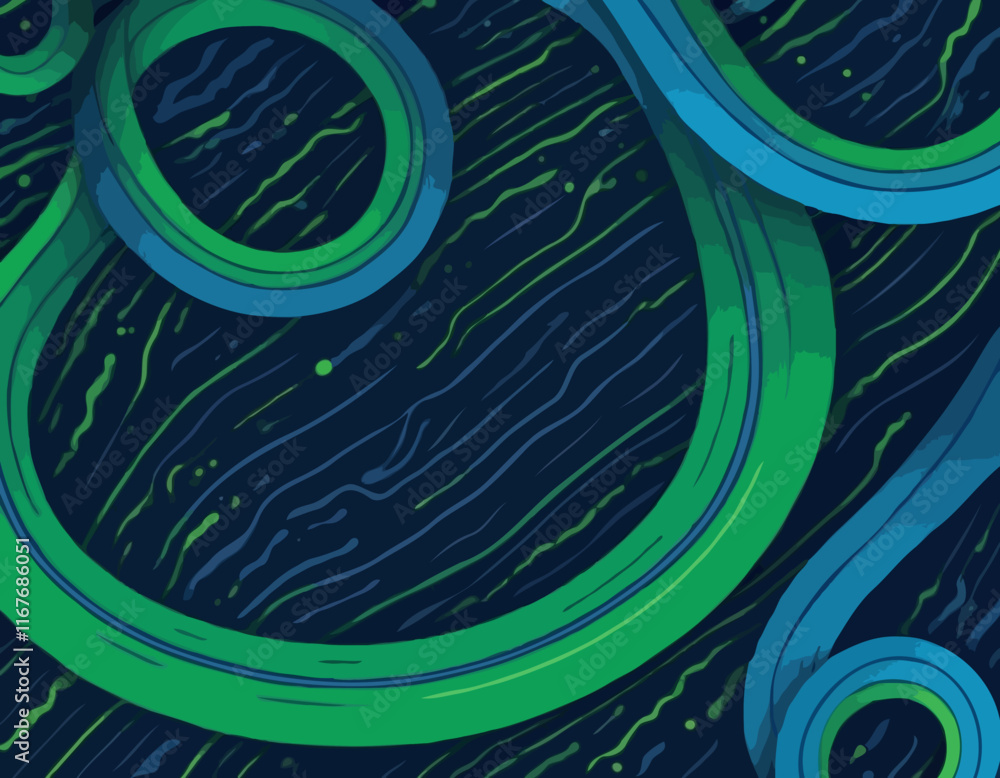 Poster geometric background with dynamic blue and green line shapes. vector pattern with squiggle gradient 