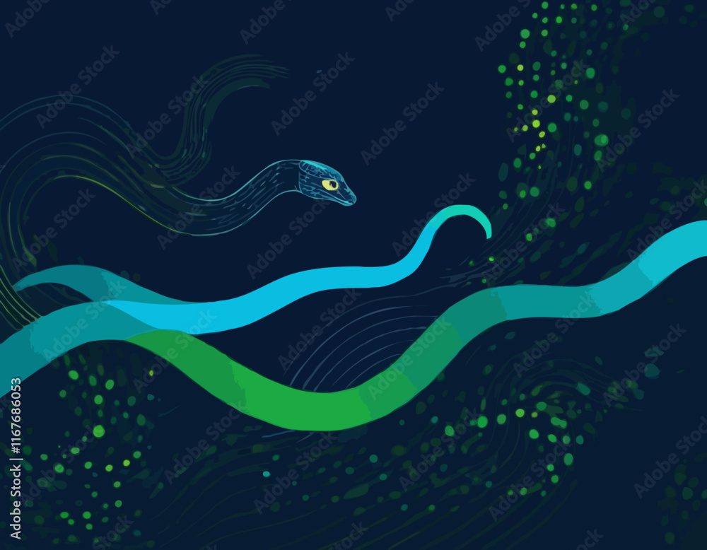 Poster geometric background with dynamic blue and green line shapes. vector pattern with squiggle gradient 