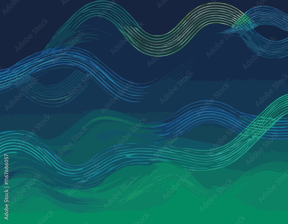Poster geometric background with dynamic blue and green line shapes. vector pattern with squiggle gradient 
