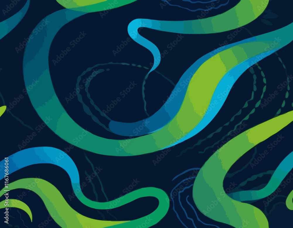 Poster geometric background with dynamic blue and green line shapes. vector pattern with squiggle gradient 
