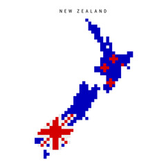 Fototapeta premium New Zealand pixel flag map icon. 8 bit pixel art Kiwi map covered with flag. Flat vector illustration isolated on white background.