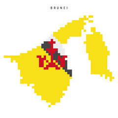 Fototapeta premium Brunei pixel flag map icon. 8 bit pixel art Bruneian map covered with flag. Flat vector illustration isolated on white background.