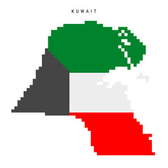 Kuwait pixel flag map icon. 8 bit pixel art Kuwaiti map covered with flag. Flat vector illustration isolated on white background.