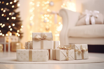 Gifts under Christmas tree by a fireplace. White minimalistic Scandinavian style New Year interior. Stack of presents on the floor. Blurred living room background with copy space. Cozy Holidays.