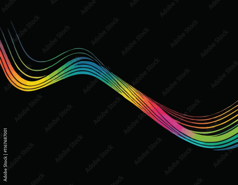 Poster abstract lines with gradients on a black background. a color squiggle curve pattern shape. vector ra