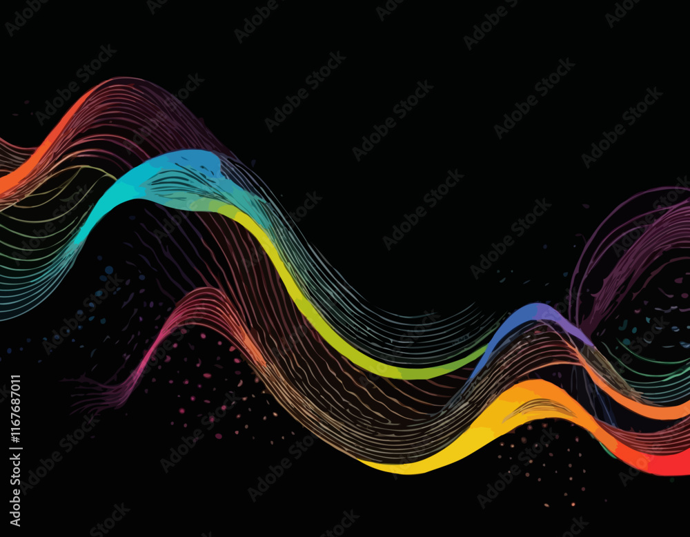 Poster abstract lines with gradients on a black background. a color squiggle curve pattern shape. vector ra