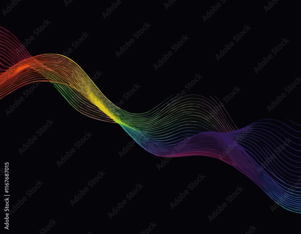 Poster abstract lines with gradients on a black background. a color squiggle curve pattern shape. vector ra