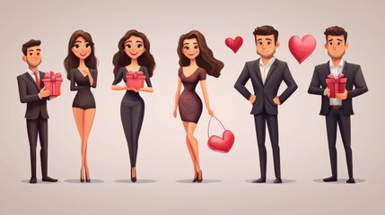 Fototapeta premium Couple in love characters. Loving people, happy woman man with gift. Romance character in restaurant, valentine day dating decent vector set