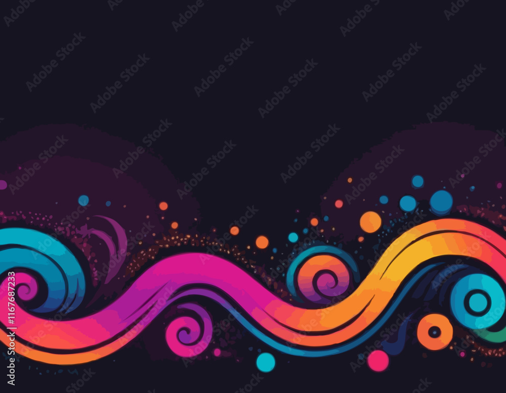 Poster bright gradient lines on a dark background. colorful vivid curve frame. celebration background with 