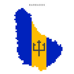 Barbados pixel flag map icon. 8 bit pixel art Barbadian map covered with flag. Flat vector illustration isolated on white background.