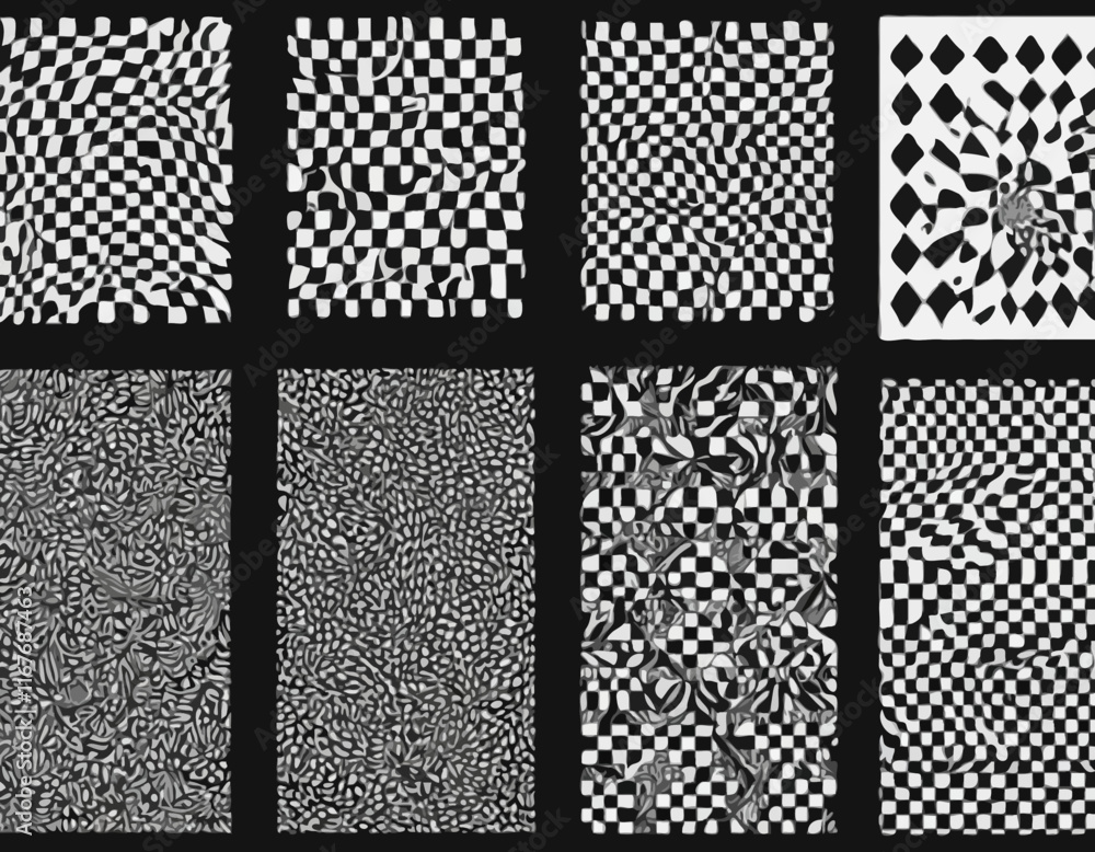 Poster set of posters with psychedelic checkerboard patterns. abstract black and white geometric texture. v