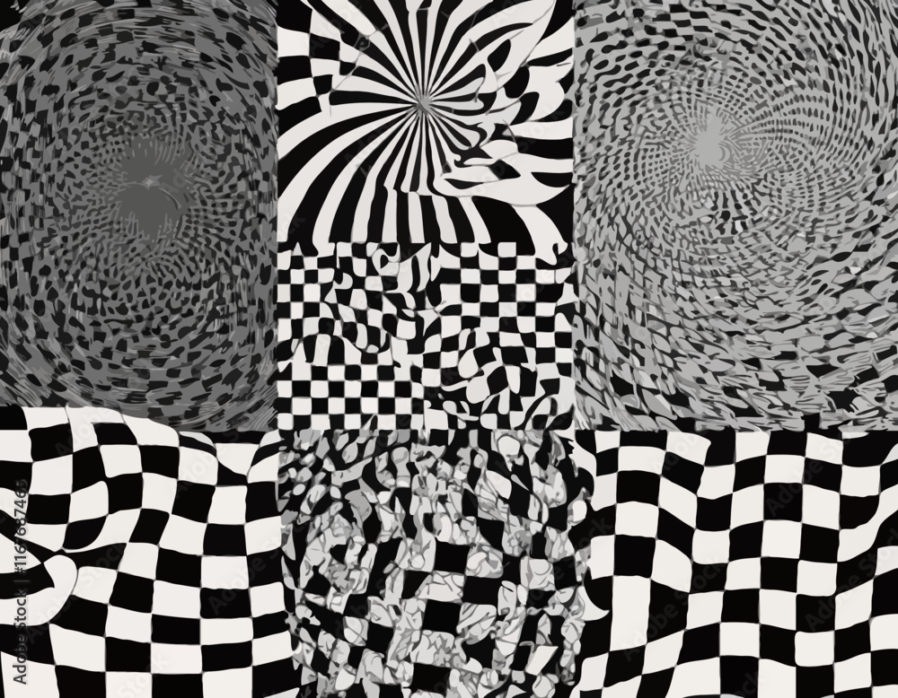 Poster set of posters with psychedelic checkerboard patterns. abstract black and white geometric texture. v