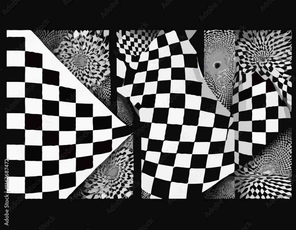 Poster set of posters with psychedelic checkerboard patterns. abstract black and white geometric texture. v