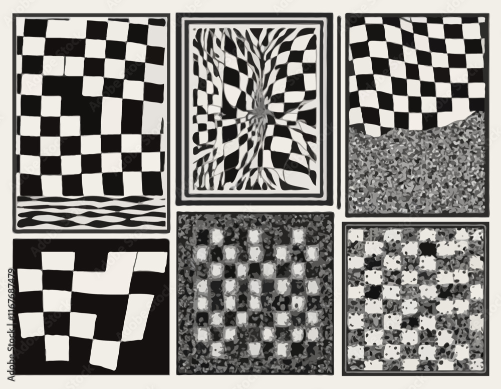 Poster set of posters with psychedelic checkerboard patterns. abstract black and white geometric texture. v