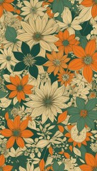 Obraz premium Vibrant floral pattern with orange, cream, and teal flowers. Perfect for textile design, wallpaper, or other decorative applications. phone wallpaper