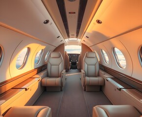 Fototapeta premium stock photo A luxurious modern business jet interior bathed in warm morning sunlight