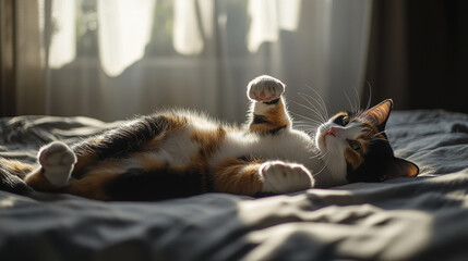 Cute calico cat stretching on bed in sunlight, playing and relaxing.