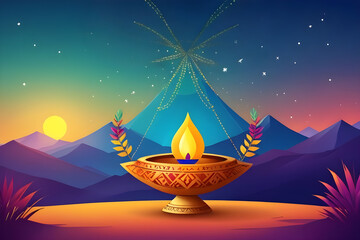 Burning diya celebrating makar sankranti with sunrise and mountains in background