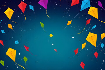 Colorful kites flying in the night sky celebrating makar sankranti