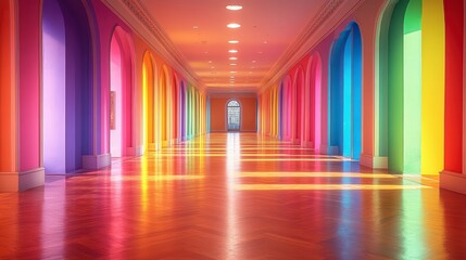 Colorful arched hallway with vibrant walls and polished wooden floor.