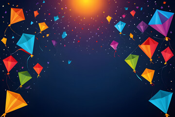 Colorful kites flying in night sky celebrating makar sankranti