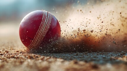 A cricket ball rolling on a dusty field, kicking up dirt and dust.