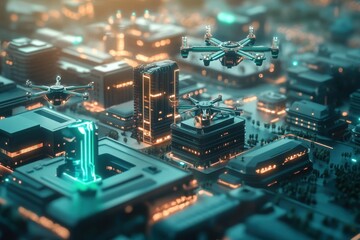 Obraz premium Drones navigating a futuristic city skyline during dusk with glowing buildings and enhanced urban design