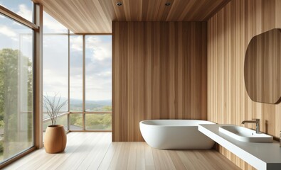 Simple minimalist wabi sabi bathroom in neutral colors with wood panneling wood panneling wall and minimalist bath clean look bathroom Japandi interior design interior design japandi style modern
