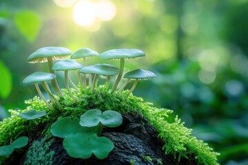 Enchanting green mushrooms on mossy forest floor in sunlight