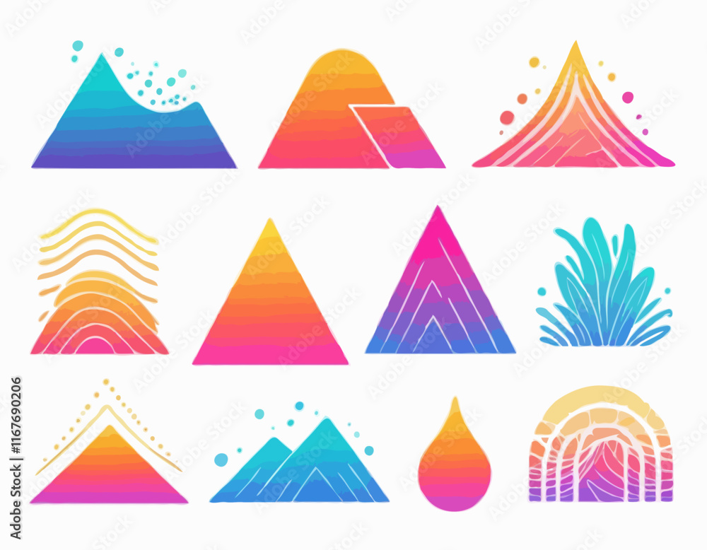 Poster set of gradient lines in doodle style. abstract 3d graphic design elements. vector color squiggle sh