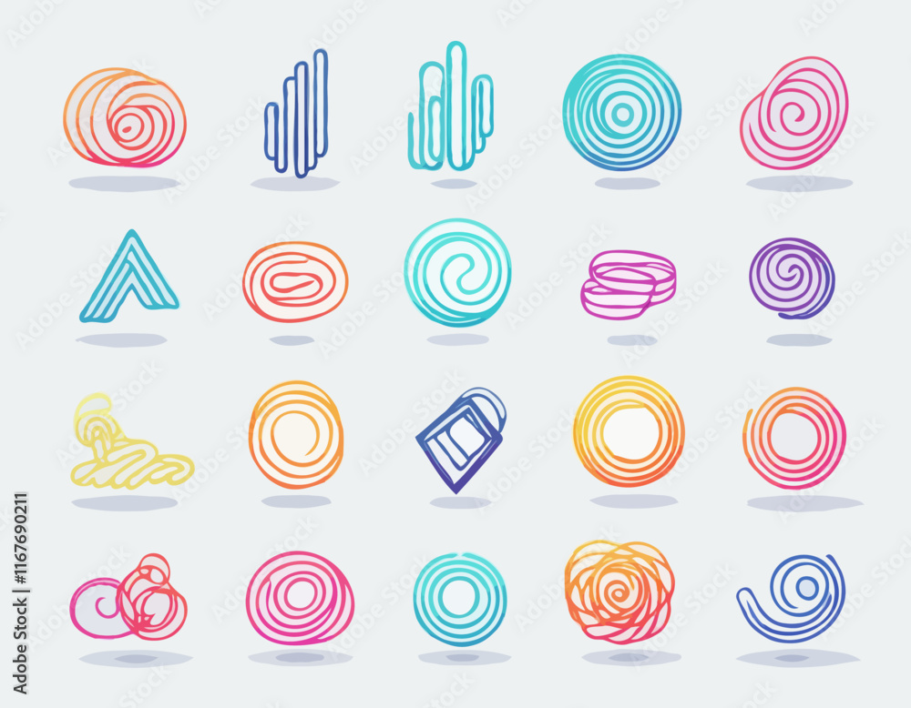 Poster set of gradient lines in doodle style. abstract 3d graphic design elements. vector color squiggle sh