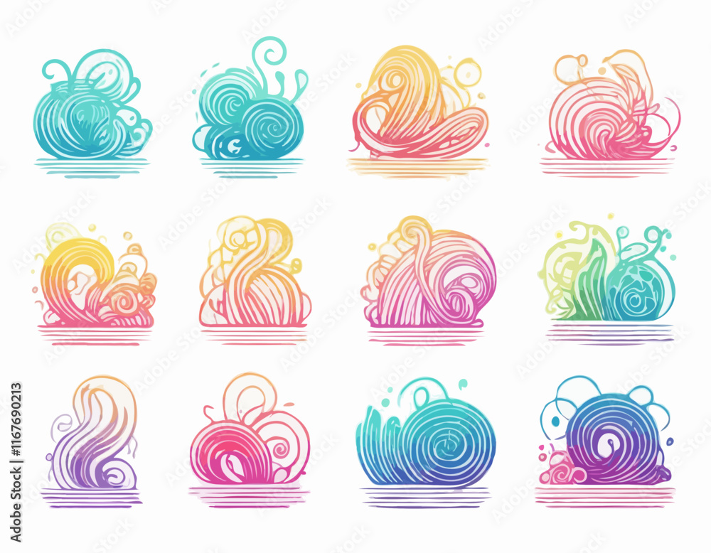 Poster set of gradient lines in doodle style. abstract 3d graphic design elements. vector color squiggle sh