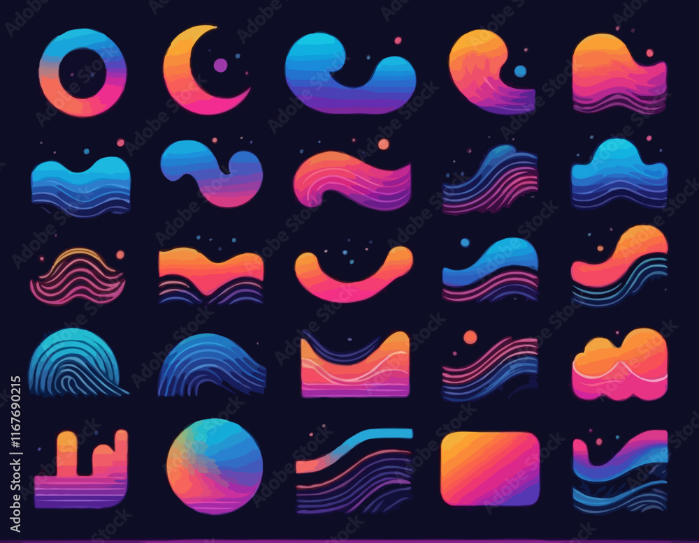 Poster set of gradient lines in doodle style. abstract 3d graphic design elements. vector color squiggle sh