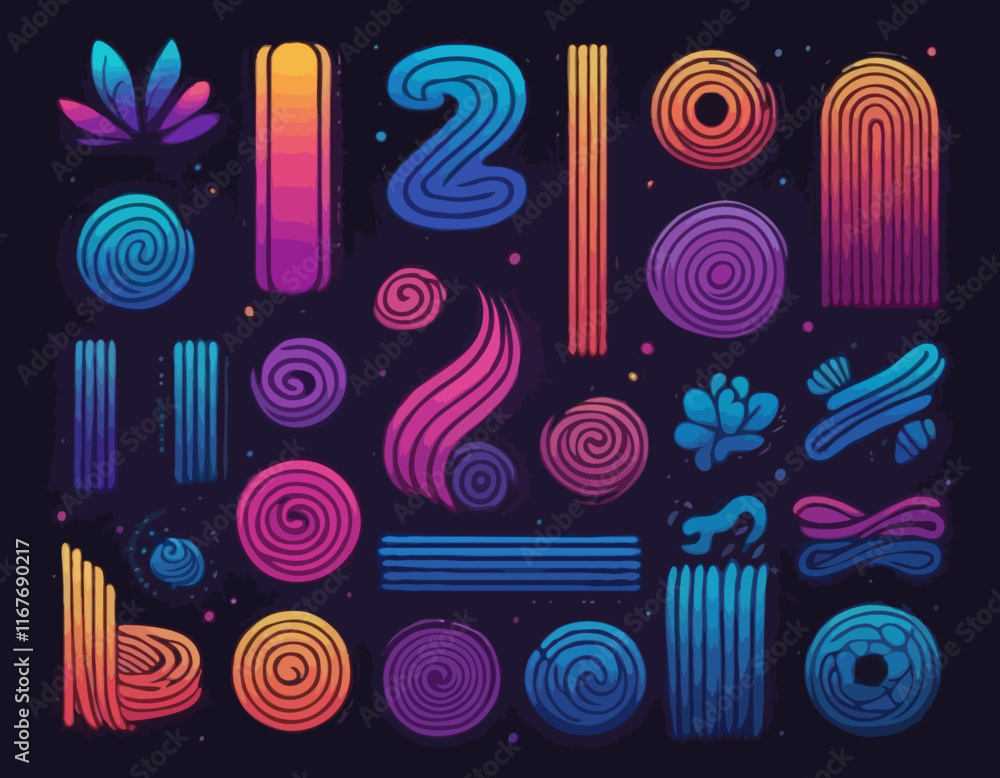 Poster set of gradient lines in doodle style. abstract 3d graphic design elements. vector color squiggle sh