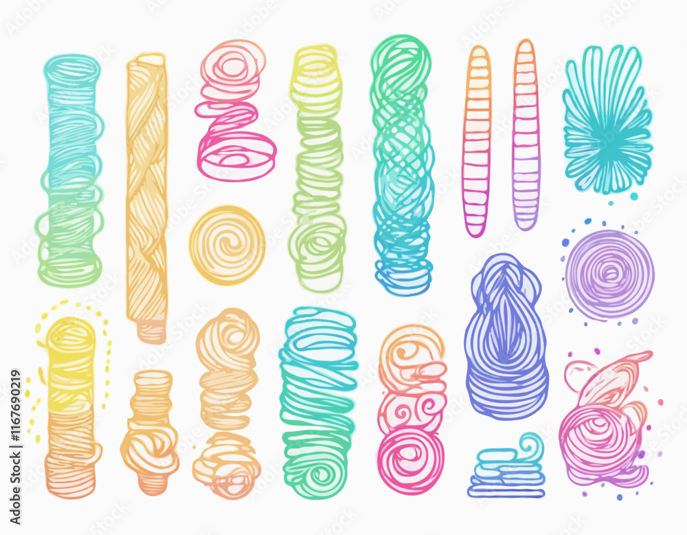 Poster set of gradient lines in doodle style. abstract 3d graphic design elements. vector color squiggle sh