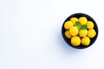 Fototapeta premium Minimalist Makar Sankranti Ladoo in Black Bowl on White Background for Festive Design