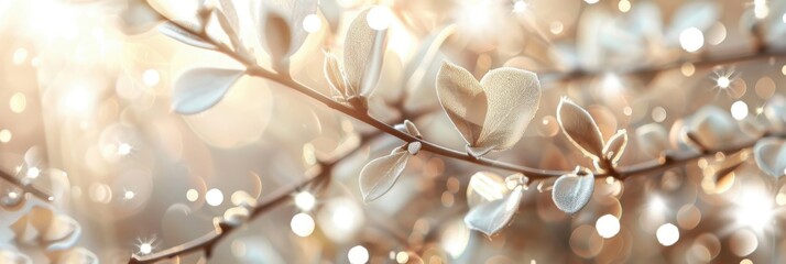 Fototapeta premium Autumn background with a branch featuring white gold leaves and lights, warm and enchanting atmosphere.