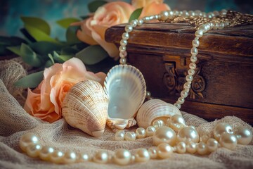 Elegant still life with pearls, shells, and roses on fabric