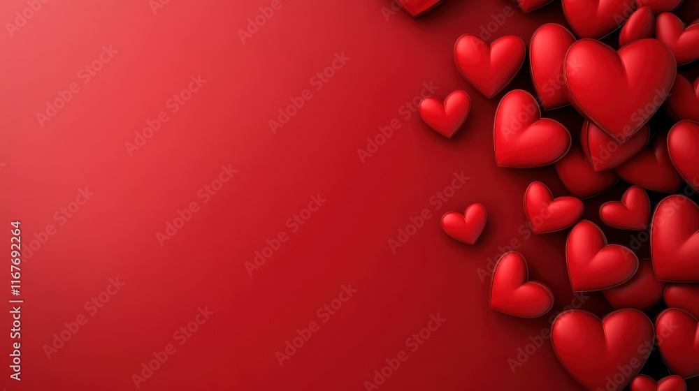 Poster abstract 3d background for valentine's day with red hearts on a red background