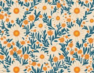 Decorative Boho Seamless Pattern with Daisy Flowers. Vector Floral Groovy Bg. Abstract Retro Background in Matisse Style